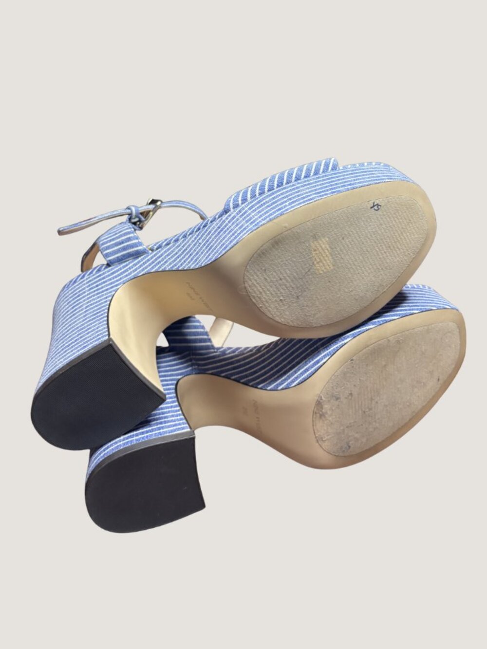 Nine West Fontayah Blue White Pinstripe Platform Heels Embroidered Sandals Size - Picture 5 of 6